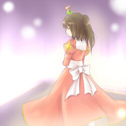 1girl back_bow bow brown_hair closed_eyes closed_mouth commentary_request cowboy_shot dress expressionless flower flower_on_head high_priest_(ragnarok_online) juliet_sleeves long_hair long_sleeves lowres pink_dress pink_flower ponytail puffy_sleeves purple_background ragnarok_online sash solo white_bow white_sash yuetoko