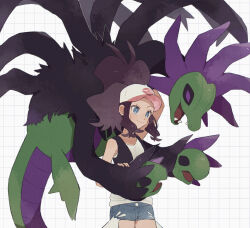 1girl alternate_color baseball_cap big_hair blue_eyes brown_hair closed_mouth commentary_request floating gen_5_pokemon grid_background hat highres hilda_(pokemon) hime_(himetya105) hydreigon multiple_heads multiple_wings nintendo open_mouth pokemon pokemon_(creature) pokemon_bw sharp_teeth shiny_pokemon simple_background smile standing teeth white_background wings