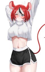 1girl animal_ear_fluff arm_up black_hair black_shorts blue_eyes blush breasts bright_pupils closed_mouth crop_top dice dice_earrings earrings hakos_baelz highres hololive hololive_english mouse_girl mouse_tail multicolored_hair navel one_eye_closed red_hair shirt shorts solo streaked_hair stretching sweat tail turtleneck virtual_youtuber white_hair white_pupils white_shirt yobi_(ybpac18)
