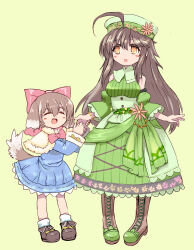 2girls ahoge ajitarou_(setsu) animal_ears bare_shoulders blue_dress boots bow bow_alma breasts brown_boots capelet closed_eyes dog_ears dog_girl dog_tail dress emil_chronicle_online green_background green_dress green_hat hair_bow hat highres large_breasts multiple_girls open_mouth pink_ribbon ribbon smile tail thigh_boots yellow_eyes