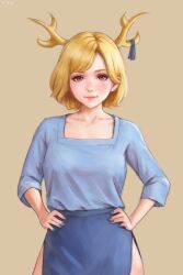 Rule 34 | 1girl, antlers, bad anatomy, blonde hair, blue nails, blue ribbon, blue shirt, blue skirt, blush, breasts, closed mouth, collarbone, contrapposto, cowboy shot, freckles, grey background, hair behind ear, hands on own hips, highres, horn ornament, horn ribbon, horns, kicchou yachie, lips, looking at viewer, medium breasts, nail polish, pink eyes, ribbon, shirt, short hair, side slit, simple background, skirt, three-quarter sleeves, smile, solo, swept bangs, touhou, yyf (seaknight)