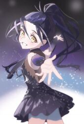 1girl absurdres black_dress black_hair black_sleeves detached_sleeves dress figure_skating_dress grin highres kamisaki_hikaru long_hair looking_at_viewer medalist_(manga) outstretched_arms ponytail slad smile solo teeth yellow_eyes