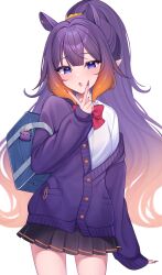 1girl absurdres alternate_costume blue_eyes cardigan demcheg gradient_hair gyaru highres hololive hololive_english long_hair looking_at_viewer multicolored_hair ninomae_ina&#039;nis open_mouth orange_hair pleated_skirt purple_hair red_nails simple_background skirt solo tentacle_hair v virtual_youtuber white_background