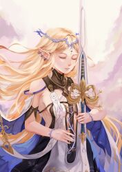 1girl absurdres black_collar black_dress blonde_hair breasts cartethyia_(wuthering_waves) closed_eyes closed_mouth collar commentary cowboy_shot crown_of_thorns dress earrings english_commentary highres holding holding_sword holding_weapon jewelry long_hair mechaduckies necklace pointy_ears small_breasts solo sword tabard tacet_mark_(wuthering_waves) very_long_hair weapon white_tabard wuthering_waves