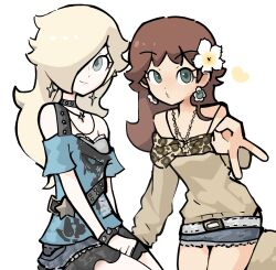 2909kjk 2girls alternate_costume bare_shoulders black_skirt blonde_hair blue_eyes blue_shirt blue_skirt bracelet brown_hair brown_shirt choker earrings eyelashes flower_earrings green_eyes gyaru_v hair_over_one_eye heart highres jewelry long_hair long_sleeves mario_(series) medium_hair multiple_girls nintendo princess_daisy puckered_lips rosalina shirt short_sleeves skirt spiked_bracelet spiked_choker spikes star_(symbol) star_earrings v white_background