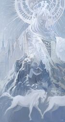 1boy 1girl animal blunt_bangs castle child dress highres horse jewelry knees_to_chest long_bangs long_sleeves mountain original outdoors short_hair snow topless_male veron_1411 white_hair white_horse white_theme winter