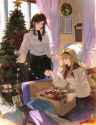 2girls 5mdy2 aran_sweater belt belt_buckle black_hairband black_pants black_shirt blonde_hair bow box brown_belt brown_hair buckle cable_knit cardboard_box character_doll chinese_commentary christmas christmas_ornaments christmas_tree christmas_wreath collared_shirt commentary_request couch curtains day gift gift_box hair_between_eyes hair_bow hair_ornament hairband half_updo hands_up highres holding indoors light_particles long_sleeves looking_at_another looking_at_object looking_down multiple_girls neckerchief on_couch pants parted_bangs parted_lips partially_unbuttoned picture_frame pink_eyes purple_bow purple_eyes red_neckerchief saijou_claudine shirt shirt_tucked_in shoujo_kageki_revue_starlight sidelocks sitting slice_of_life standing star_(symbol) star_symbol_background string_of_light_bulbs sweater tendou_maya wavy_hair white_shirt white_sweater window wreath x_hair_ornament
