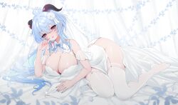 1girl absurdres ahoge black_horns blue_bow blue_bowtie blue_hair bow bowtie breasts cleavage closed_mouth dress eyelashes flower ganyu_(genshin_impact) genshin_impact goat_horns hair_flower hair_ornament highres horns large_breasts lips long_hair nemuaki pink_eyes rose solo thighhighs white_dress white_flower white_rose white_thighhighs