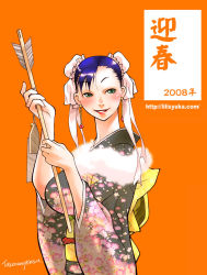 00s 1girl 2008 arrow_(projectile) artist_name blue_hair blush bow bun_cover capcom chun-li double_bun female_focus fringe_trim green_eyes hair_bun hamaya japanese_clothes kimono obi sash solo street_fighter takerunoyebisu watermark web_address