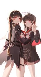 2girls arm_cutout black_choker black_hair black_shirt black_skirt character_request chisa_(wuthering_waves) choker closed_mouth collared_shirt commentary_request cowboy_shot finger_to_mouth hair_ribbon highres long_hair long_sleeves look-alike looking_at_viewer multiple_girls necktie onigiri_yumi09 parted_lips red_eyes red_necktie red_ribbon ribbon shirt shushing skirt smile tacet_mark_(wuthering_waves) twitter_username wuthering_waves