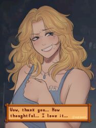1girl artist_name bare_shoulders blonde_hair blue_eyes blue_shirt breasts english_text forced_smile haley_(stardew_valley) highres jewelry long_hair looking_to_the_side medium_breasts necklace neigh_(neighsquared) shirt simple_background solo stardew_valley sweat sweatdrop upper_body