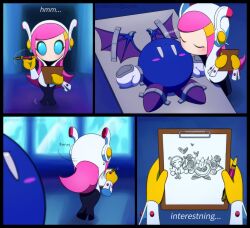 1boy 1girl annoyed bat_wings blue_eyes blush_stickers clipboard closed_eyes drawing_(object) gloves hair_ornament hairclip hetero highres holding holding_clipboard holding_pen junebird24 kirby:_planet_robobot kirby_(series) kiss kissing_cheek mecha_knight meta_knight motion_lines nintendo pen restrained susie_(kirby) white_gloves wings