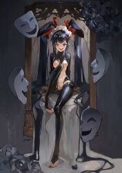 1girl absurdres animal_ears black_eyes black_hair black_shrug blue_pupils breasts censored cleft_of_venus crotchless doyagao fake_animal_ears highres latex latex_legwear light_blush long_hair looking_at_viewer maid_headdress meme_attire nail_polish nipples open_mouth original pussy rabbit_ears reverse_bunnysuit reverse_outfit shrug_(clothing) small_breasts smug solo stitches symbol-shaped_pupils toenail_polish toenails toes twintails yeougui