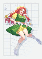 Rule 34 | 1girl, absurdres, bow, dress, green skirt, green vest, grid, grid background, guumin, hair bow, hat, highres, long hair, lotus land story, open clothes, open mouth, open skirt, orange (touhou), red eyes, red hair, shirt, shorts, skirt, solo, touhou, touhou (pc-98), twirl baton, vest, waist bow, warped, white footwear, yellow shirt, yellow shorts