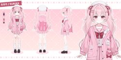 1girl absurdres beret blush bow cardigan closed_mouth cross-shaped_pupils hair_ornament hairclip hat heart highres hiyayo25 indie_virtual_youtuber jacket long_hair long_sleeves looking_at_viewer multiple_views pink_bag pink_cardigan pink_hair pink_jacket pleated_skirt ruruka_(vtuber) sailor_collar school_uniform shoes skirt sleeves_past_wrists smile socks symbol-shaped_pupils twintails very_long_hair virtual_youtuber white_sailor_collar white_socks x_hair_ornament