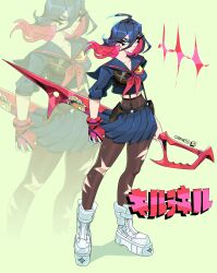 1girl absurdres ahoge angry artist_name black_hair blue_eyes caranvolo colored_inner_hair commentary copyright_name covered_navel gloves hair_between_eyes highres kill_la_kill living_clothes long_eyelashes looking_at_viewer matoi_ryuuko medium_hair midriff multicolored_hair navel pantyhose red_gloves red_hair redesign school_uniform scissor_blade_(kill_la_kill) senketsu serafuku shoes signature single_glove skirt solo sticker suspenders symbol-only_commentary thick_eyebrows thick_eyelashes torn_clothes torn_pantyhose two-tone_hair v-shaped_eyebrows weapon white_shoes yellow_background