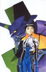 Rule 34 | 1boy, absurdres, bodysuit, eva 01, highres, horns, ikari shinji, light smile, mecha, mecha pilot suit, neon genesis evangelion, official art, plugsuit (evangelion), robot, sadamoto yoshiyuki, scan, simple background, single horn, white background, white bodysuit