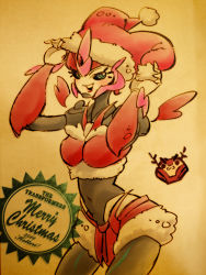 alternate_color arcee arcee_(prime) blue_eyes breasts christmas cliffjumper kotteri mecha_girl transformers transformers_prime