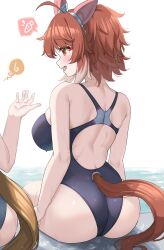 Rule 34 | 2girls, animal ears, ass, bare shoulders, black one-piece swimsuit, breasts, brown hair, clothing cutout, commentary, competition swimsuit, dantsu flame (umamusume), highres, horse ears, horse girl, horse tail, kibihimi, large breasts, looking at another, multiple girls, one-piece swimsuit, paid reward available, poolside, sitting, skindentation, solo focus, spoken food, swimsuit, symbol-only commentary, tail, tail through clothes, umamusume, wet, white hair