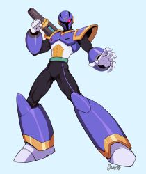 1boy absurdres armor dauntedx full_body glowing glowing_eyes grey_background helmet highres mega_man_(ruby-spears) mega_man_(series) mega_man_x_(series) one-eyed purple_armor purple_helmet red_eyes shoulder_cannon simple_background solo vile_(mega_man)