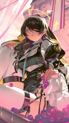 1girl absurdres black_hair blue_archive blue_necktie coif commentary dutch_angle ear_chain food fruit garter_straps grapes hair_over_one_eye halo hand_on_own_knee highres hinata_(blue_archive) juliet_sleeves leg_up linked_piercing long_sleeves looking_down necktie nun omurice_(304975636) open_mouth pelvic_curtain piercing puffy_sleeves red_eyes sitting skindentation solo thighhighs winged_halo