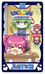 Rule 34 | 4girls, bat wings, black dress, blue eyes, blue headwear, blue vest, bow, bun cover, buttons, card (medium), colonel aki, double bun, dress, frilled hat, frills, green hair, hair bun, hat, head wings, heart, ibaraki kasen, justice (tarot), koakuma, multiple girls, necktie, office, onozuka komachi, pink hair, red bow, red eyes, red hair, rod of remorse, shiki eiki, shirt, short hair, sleeping, sleeping on desk, tarot, tarot (medium), touhou, two side up, vest, wavy mouth, white shirt, wings