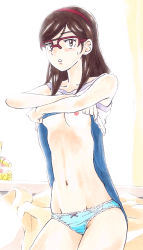 Rule 34 | 10s, 1girl, aged up, beargguy iii, blue panties, breasts, brown eyes, brown hair, clothes lift, dress, dress lift, female focus, glasses, groin, gundam, gundam build fighters, hairband, highres, kousaka china, long hair, looking at viewer, lostunicorn, marker (medium), navel, nipples, no bra, over-rim eyewear, panties, parted lips, red-framed eyewear, semi-rimless eyewear, small breasts, solo, sweatdrop, traditional media, underwear, undressing