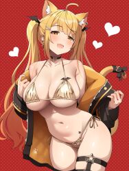 1girl ahoge animal_ear_fluff animal_ears ayagi_daifuku bat_hair_ornament bat_wings bikini black_choker black_jacket blonde_hair breast_tattoo breasts cat_ears cat_tail choker cleavage earrings fang gold_bikini hair_ornament hairclip heart heart_earrings heart_o-ring highres hololive jacket jewelry large_breasts long_hair looking_at_viewer navel o-ring o-ring_choker o-ring_thigh_strap off_shoulder open_clothes open_jacket open_mouth side-tie_bikini_bottom skin_fang solo star_o-ring star_tattoo string_bikini swimsuit tail tattoo thigh_strap twintails two-sided_fabric two-sided_jacket very_long_hair virtual_youtuber wing_tattoo wings yellow_eyes yellow_jacket yozora_mel