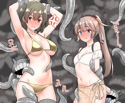 Rule 34 | 2girls, absurdres, anger vein, arms behind back, arms up, bikini, blue eyes, blush, brown eyes, brown hair, commentary request, cowboy shot, enemy naval mine (kancolle), furaggu (frag 0416), gold bikini, highres, hiryuu (kancolle), kantai collection, kazagumo (kancolle), kazagumo kai ni (kancolle), kazagumo kai ni (swimsuit) (kancolle), looking at viewer, multiple girls, navel, polka dot, polka dot sarong, restrained, ribbon, sarong, short hair, side ponytail, stomach, swimsuit, tentacles, white bikini
