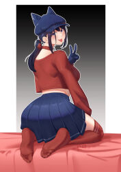 1girl :p absurdres black_hair blue_eyes blush cool_mita_(miside) feet hat highres long_hair looking_at_viewer looking_back miside mita_(miside) ponytail r9z red_thighhighs soles thighhighs toes tongue tongue_out v