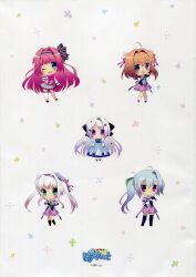 Rule 34 | 5girls, :d, :|, absurdres, ahoge, asaba konami, blue eyes, blue hair, blush, brown hair, chibi, closed mouth, company name, dress, eco, floral background, floral print, hair ornament, hair ribbon, hands on own cheeks, hands on own chest, hands on own face, hat, highres, ichinose mio (koi ga saku koro sakura doki), jinpou anne, koi ga saku koro sakura doki, long hair, multiple girls, one eye closed, open mouth, palette (company), purple eyes, red hair, ribbon, sailor collar, sailor hat, school uniform, short hair, side ponytail, smile, socks, standing, thighhighs, tina (koi ga saku koro sakura doki), tsukishima yuuri, white hair, white socks