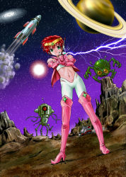 1girl alien antennae artificial_tentacles circlet dutch_angle energy_gun green_eyes green_hair midriff monster mountain navel nebula original planet planetary_ring ray_gun red_eyes red_hair retro_artstyle robot rocket science_fiction short_hair smoke space spacecraft star_(sky) unno_hotaru vehicle weapon yellow_eyes