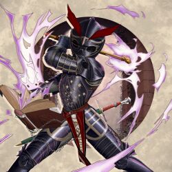 Rule 34 | 1other, absurdres, armor, black armor, boagnnnnnnn, book, chain, chainmail, commentary, cowboy shot, cuirass, english commentary, fighting stance, gauntlets, gothic plate armor, greaves, helm, helmet, highres, legs apart, magic, open book, original, pauldrons, plate armor, shoulder armor, solo, standing, sword, war hammer, weapon, wizard