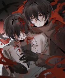 Rule 34 | :|, absurdres, black eyes, black hair, black tea yq, blood, cloak, closed mouth, e.g.o (project moon), empty eyes, fell bullet (e.g.o), gloves, highres, holding, injury, lab coat, limbus company, project moon, sang yi (project moon), smoke, yi sang (project moon)