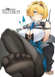 1girl absurdres between_breasts black_bra black_jacket black_pantyhose blonde_hair blue_eyes blue_necktie bra bra_peek breasts cleavage earrings feet girls&#039;_frontline girls&#039;_frontline_2:_exilium highres jacket jewelry large_breasts looking_at_viewer lord-erica mole mole_under_eye necktie nikketa_(girls&#039;_frontline_2) no_shoes off_shoulder pantyhose shirt short_hair skirt sleeveless sleeveless_shirt snowflake_earrings solo taut_clothes taut_skirt toes underwear vsk-94_(girls&#039;_frontline) walkie-talkie white_background white_shirt