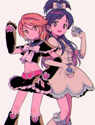 2girls black_gloves black_shirt black_skirt blue_eyes blue_hair bow bowtie closed_mouth cure_black cure_white dress earrings fingerless_gloves futari_wa_precure gloves hair_bow heart highres jewelry leg_warmers long_hair looking_at_viewer menma_(enaic31) misumi_nagisa multiple_girls navel open_mouth orange_eyes orange_hair pink_heart precure shirt short_hair skirt smile white_bow white_bowtie white_dress white_gloves yukishiro_honoka