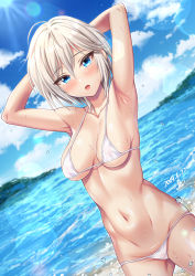 1girl ahoge anastasia_(idolmaster) armpits arms_behind_head arms_up bare_shoulders beach bikini blue_eyes blue_sky blush breasts breasts_apart collarbone dated day eyelashes female_focus hair_between_eyes halterneck highres idolmaster idolmaster_cinderella_girls legs_apart looking_at_viewer lowleg lowleg_bikini medium_breasts micro_bikini navel ocean open_mouth outdoors parted_bangs short_hair signature silver_hair skindentation sky solo stomach string_bikini sunlight swimsuit thighs water_drop wet white_bikini yoohi