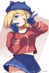 1girl ;) artist_name blonde_hair blue_eyes blue_gloves blue_hat blue_skirt blush breasts brown_background commentary cool_mita_(miside) cool_mita_(miside)_(cosplay) corrupted_twitter_file cosplay cowboy_shot ee-zy etuc_zoahc gloves hands_up hat highres hololive hololive_english long_sleeves medium_breasts midriff_peek miside mita_(miside) monocle newsboy_cap one_eye_closed pleated_skirt red_shirt shirt short_hair skirt smile solo teardrop_facial_mark two-tone_background v virtual_youtuber watson_amelia white_background