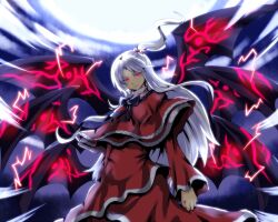 1girl black_bow blush bow capelet dress grey_hair hair_bobbles hair_ornament long_hair multiple_wings nonopomu red_dress red_eyes ribbon shinki_(touhou) smile solo touhou touhou_(pc-98) very_long_hair wings