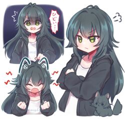 1girl absurdres animal animalization black_jacket blush cat closed_eyes collarbone commentary cropped_torso crossed_arms drawn_ears gakuen_idolmaster green_eyes green_hair hands_up highres hood hood_down hooded_jacket idolmaster iirin jacket long_hair long_sleeves looking_at_viewer multiple_views open_clothes open_jacket open_mouth person_and_animalization scowl shaded_face shirt simple_background tsukimura_temari white_background white_shirt