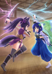 2girls absurdres animal_ear_fluff animal_ears blue_hair blue_hakama brown_eyes butterfly_hair_ornament commentary_request dual_wielding emphasis_lines fishnets green_eyes grey_thighhighs hair_between_eyes hair_ornament hakama hakama_pants highres hip_vent holding holding_sheath holding_sword holding_weapon indoors iroha_(iroha_matsurika) japanese_clothes katana kimono kunoichi-chan_(iroha_(iroha_matsurika)) lightning long_hair long_sleeves miko multiple_girls ninja no_shoes obi original pants pelvic_curtain ponytail purple_hair ribbon-trimmed_sleeves ribbon_trim sarashi sash sheath sleeveless sleeveless_kimono socks sword tabi tail thighhighs unsheathed very_long_hair weapon white_kimono white_socks wide_sleeves wolf_ears wolf_girl wolf_tail wooden_floor