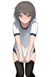 Rule 34 | 1boy, black thighhighs, blush, buruma, covering privates, crossdressing, crossdressing (mtf), grey hair, hair ornament, hairclip, knees together feet apart, male focus, nervous, nose blush, original, pulling own clothes, purple eyes, shirt, short hair, simple background, solo, solo focus, sunaba (nczd5875), thighhighs, trap, white background, white shirt