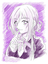 1girl aoyama_goushou_(style) artist_name bad_anatomy blazer dress_shirt gakuen_idolmaster hatching_(texture) hatsuboshi_gakuen_school_uniform highres himesaki_rinami idolmaster index_finger_raised jacket light_smile long_hair looking_at_viewer monochrome munbato_(watari_megumi) neck_ribbon purple_theme ribbon school_uniform shirt sketch solo sweater twitter_username upper_body very_long_hair