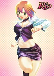 Rule 34 | 1girl, :d, bow, bowtie, breasts, cleavage, croupier, female focus, highres, koutaro, large breasts, midriff, miniskirt, navel, non-web source, open mouth, pencil skirt, pink hair, rio rollins, short hair, skirt, smile, solo, super blackjack