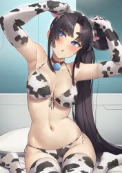 1girl alternate_costume animal_ears animal_print armpits bell bikini black_hair blue_eyes blush breasts collar cow_ears cow_print cow_print_bikini elbow_gloves fate/grand_order fate_(series) gloves highres large_breasts long_hair navel neck_bell on_bed pinta_(ayashii_bochi) ponytail print_bikini side-tie_bikini_bottom sitting skindentation solo stomach sweatdrop swimsuit thick_eyebrows thick_thighs thighhighs thighs ushiwakamaru_(fate) very_long_hair wariza