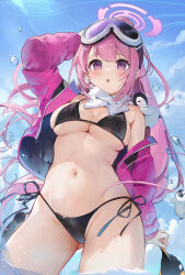 1girl :o arm_up bikini bird black_bikini blue_archive blue_sky blush breasts cloud cloudy_sky commentary day eimi_(blue_archive) eimi_(swimsuit)_(blue_archive) gluteal_fold goggles goggles_on_head halo highres jacket kita_(kitairoha) large_breasts long_hair long_sleeves looking_at_viewer navel open_clothes open_jacket open_mouth outdoors padded_jacket penguin pink_eyes pink_hair pink_halo pink_jacket scarf side-tie_bikini_bottom signature skindentation sky stomach swimsuit thighs wading water water_drop white_scarf