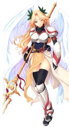 1girl armor armored_boots artist_request belt black_belt black_gloves black_shirt black_thighhighs blonde_hair blue_eyes boobplate boots breastplate clenched_teeth cross cross_of_prontera curtained_hair feathered_wings full_body gloves grey_skirt half-closed_eye head_wreath holding holding_polearm holding_weapon large_variant_set long_hair multiple_wings official_art one_eye_closed parted_bangs pauldrons pelvic_curtain polearm ragnarok:_guild_masters ragnarok_online shirt shoulder_armor simple_background skirt solo spear teeth thighhighs transparent_background valkyrie valkyrie_(ragnarok_online) vambraces variant_set weapon white_wings wings