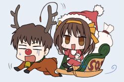 1boy 1girl :d all_fours alternate_costume animal_costume blank_eyes blush brown_eyes brown_hair chibi chibi_inset christmas commentary cropped_legs fake_antlers gift_bag gurira_(gyud0nm0rim0ri) hair_between_eyes hair_ribbon hairband hat holding holding_whip jacket kyon long_sleeves medium_hair motion_lines open_mouth orange_hairband orange_ribbon pants red_jacket red_nose red_pants reindeer_costume ribbon santa_costume santa_hat short_hair signature simple_background sitting sleigh smile suzumiya_haruhi suzumiya_haruhi_no_yuuutsu sweatdrop v-shaped_eyebrows white_background
