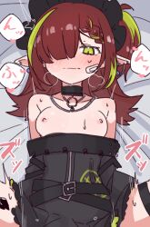 1girl absurdres arknights bandaid bandaid_on_face black_bonnet black_choker black_dress blush bonnet breasts choker commentary_request dress green_eyes green_hair hair_over_one_eye highres implied_sex long_hair looking_at_viewer multicolored_hair nikukabe nipples pointy_ears pov red_hair small_breasts solo spread_legs streaked_hair tecno_(arknights) wavy_mouth