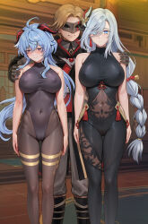 1boy 2girls ahoge bare_shoulders black_bodysuit black_gloves blonde_hair blue_eyes blue_hair blush bodystocking bodysuit breasts cameltoe closed_mouth clothing_cutout coat covered_erect_nipples covered_navel cyclone_(reizei) earrings eye_mask fur-trimmed_hood fur_trim ganyu_(genshin_impact) genshin_impact gloves gluteal_fold goat_horns grey_hair grey_pants hair_between_eyes hair_ornament hair_over_one_eye hand_on_another&#039;s_shoulder highleg highleg_leotard highres hip_vent hood horns indoors jewelry large_breasts leotard long_hair looking_at_viewer low-braided_long_hair low-tied_long_hair multiple_girls navel_cutout pants parted_bangs purple_eyes red_shirt shenhe_(genshin_impact) shirt short_hair smile standing tassel tassel_earrings thigh_cutout tile_floor tiles